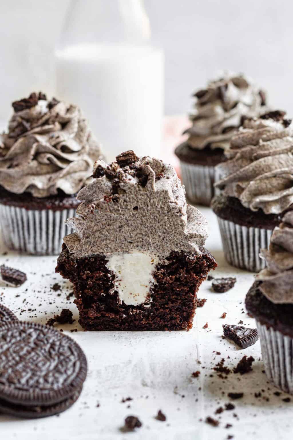 Chocolate Oreo Cupcakes tender, creamy, and moist.